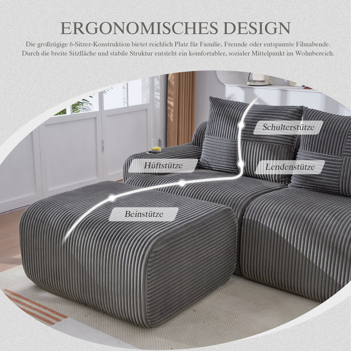 Modular 4-Seater Sofa with 2 Ottomans, Cup Holders and Storage Pocket, Dark Grey Corduroy