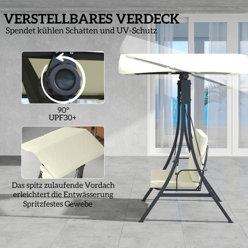 Porch Swing, 2-Seater with Adjustable Sunroof & UV 30+, 220 kg Capacity, Cream White