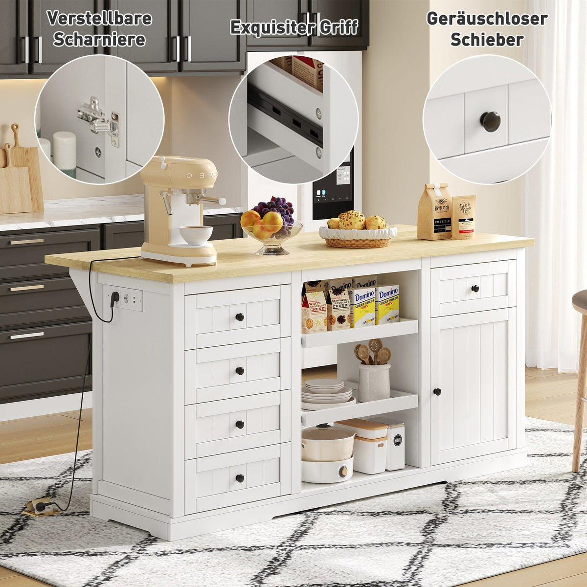 Sideboard/Kitchen Island/Bar Cabinet 5 Drawers 2 Shelves Extension Panel Sockets, White