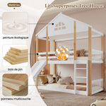 Bunk Bed with Slide & Ladder, House Bed with Fences, Solid Wood, White+Natural, 90x200cm