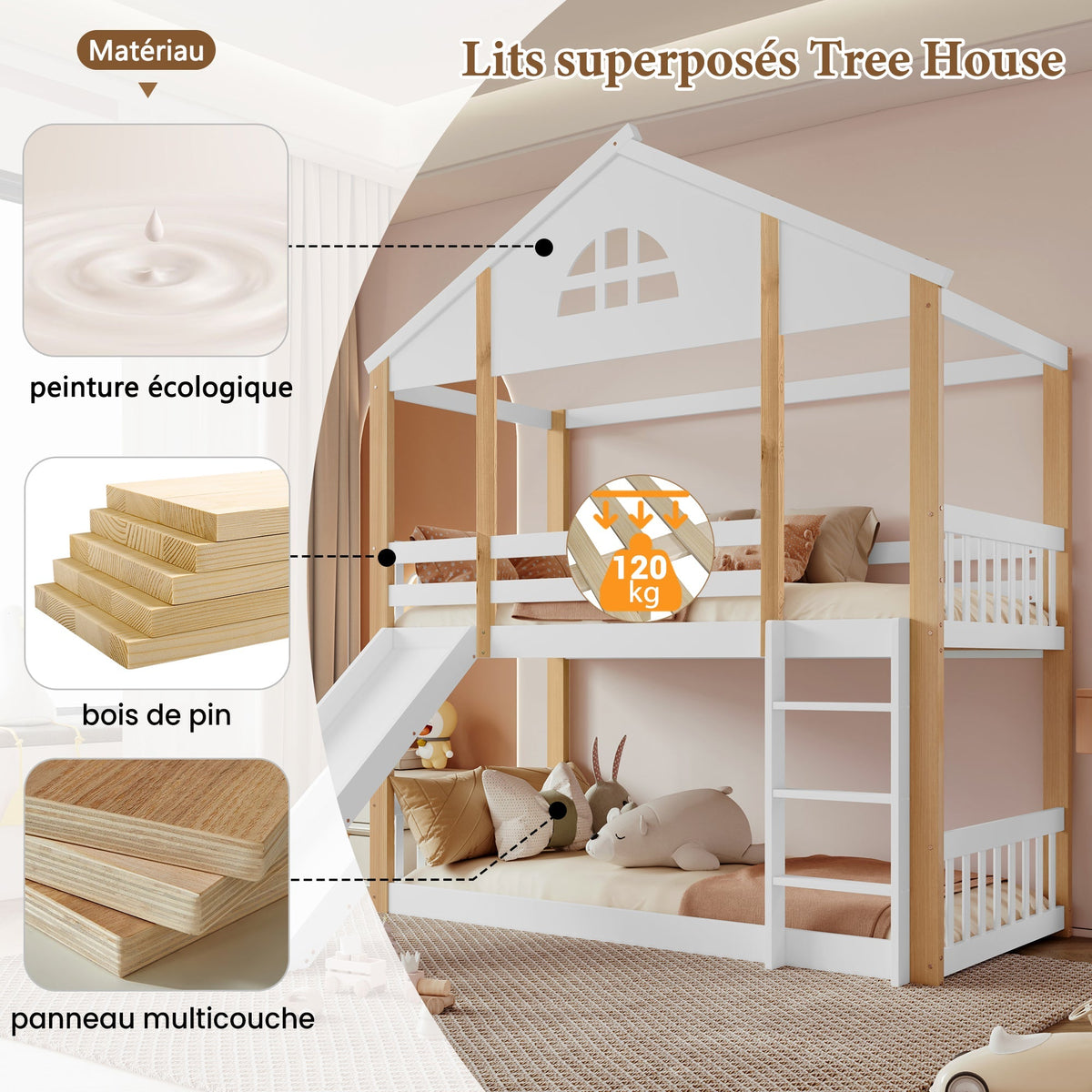 Bunk Bed with Slide & Ladder, House Bed with Fences, Solid Wood, White+Natural, 90x200cm