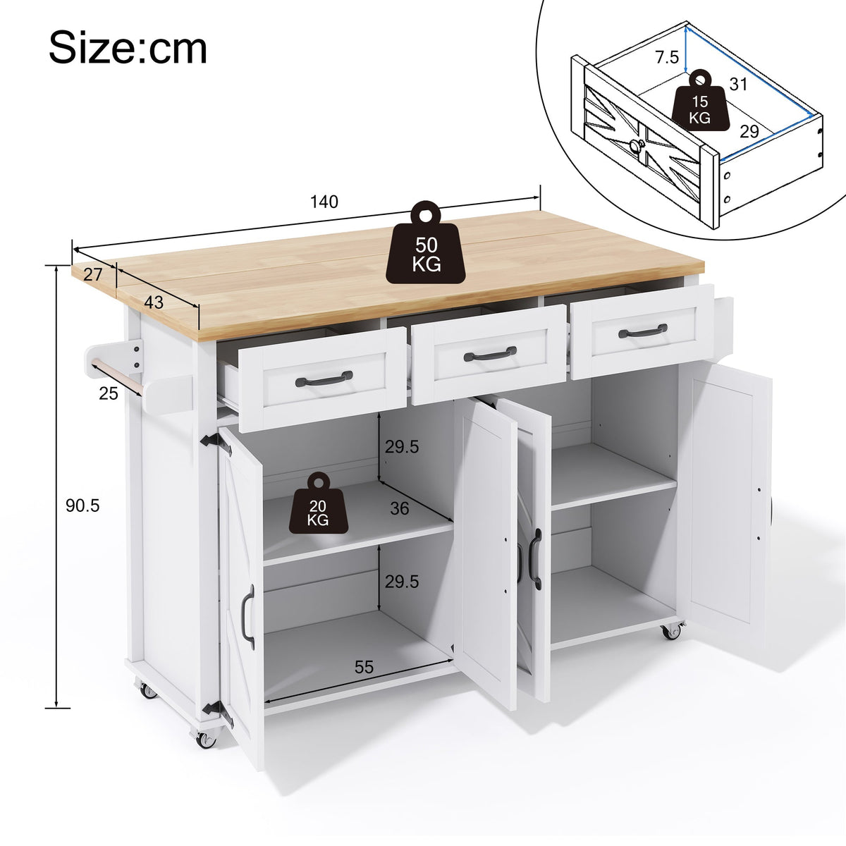 Kitchen Island Fold-down Worktop, 4 Doors 3 Drawers, White