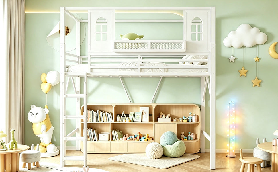 Children's Loft Bed 90x200 cm with Roof Design, White Metal