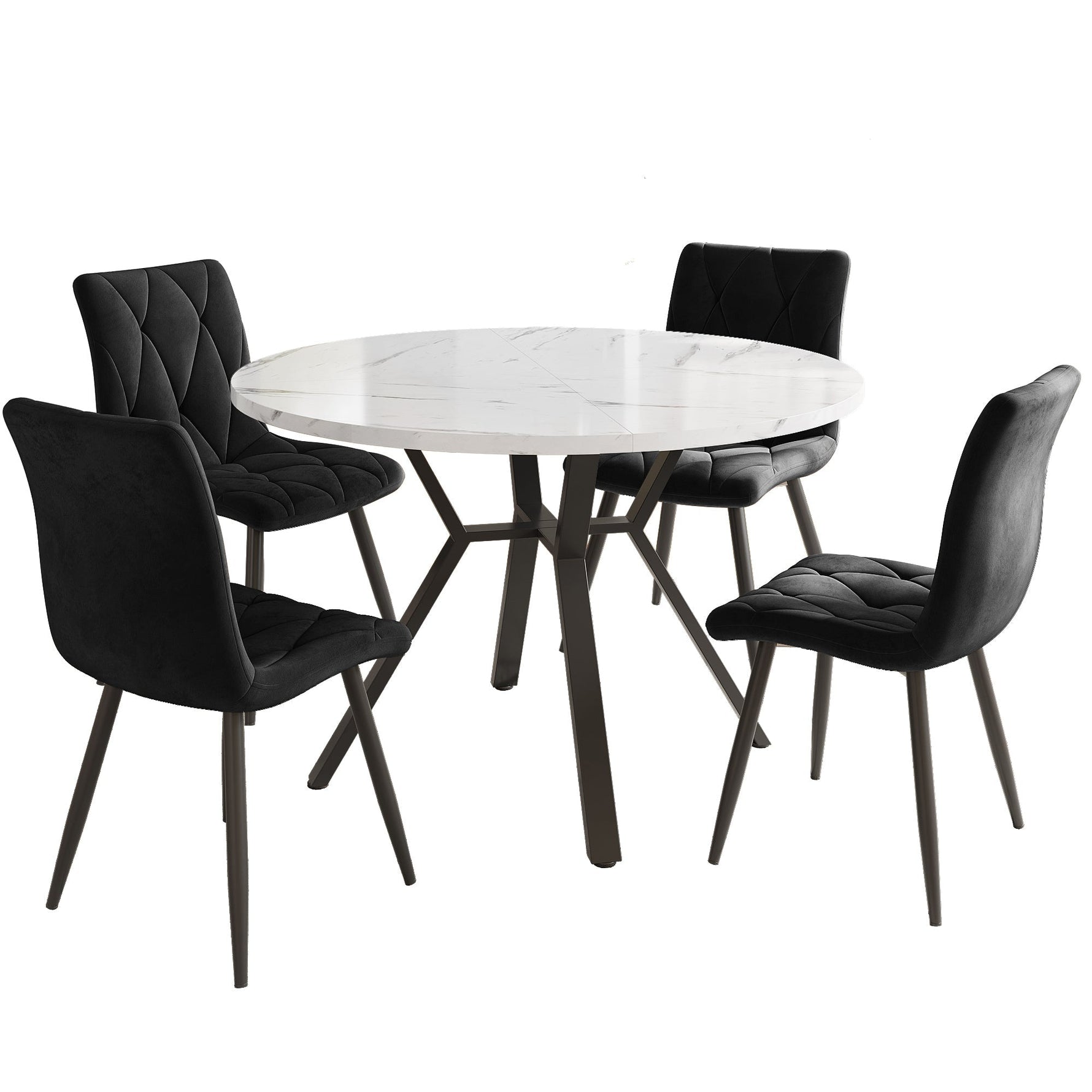 Dining Table and Chair Set 5-Piece Round Marble Table 4 Ergonomic Chairs Black Metal & Black Suede