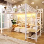 Loft Bed 140x200cm with LED Lights & Storage - White Metal
