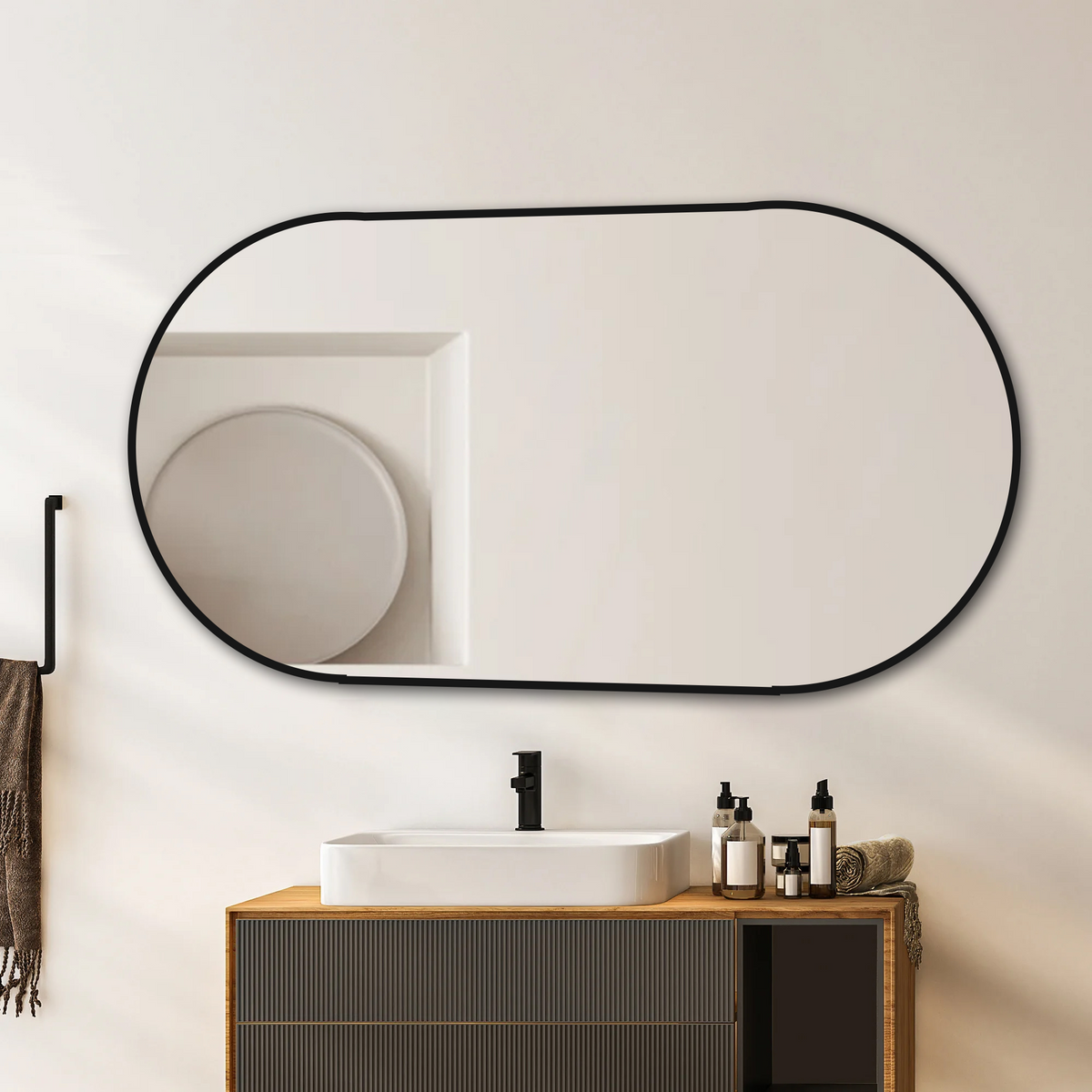 Capsule Wall Mirror 60x120 cm Modern Vanity, Black Aluminum Frame