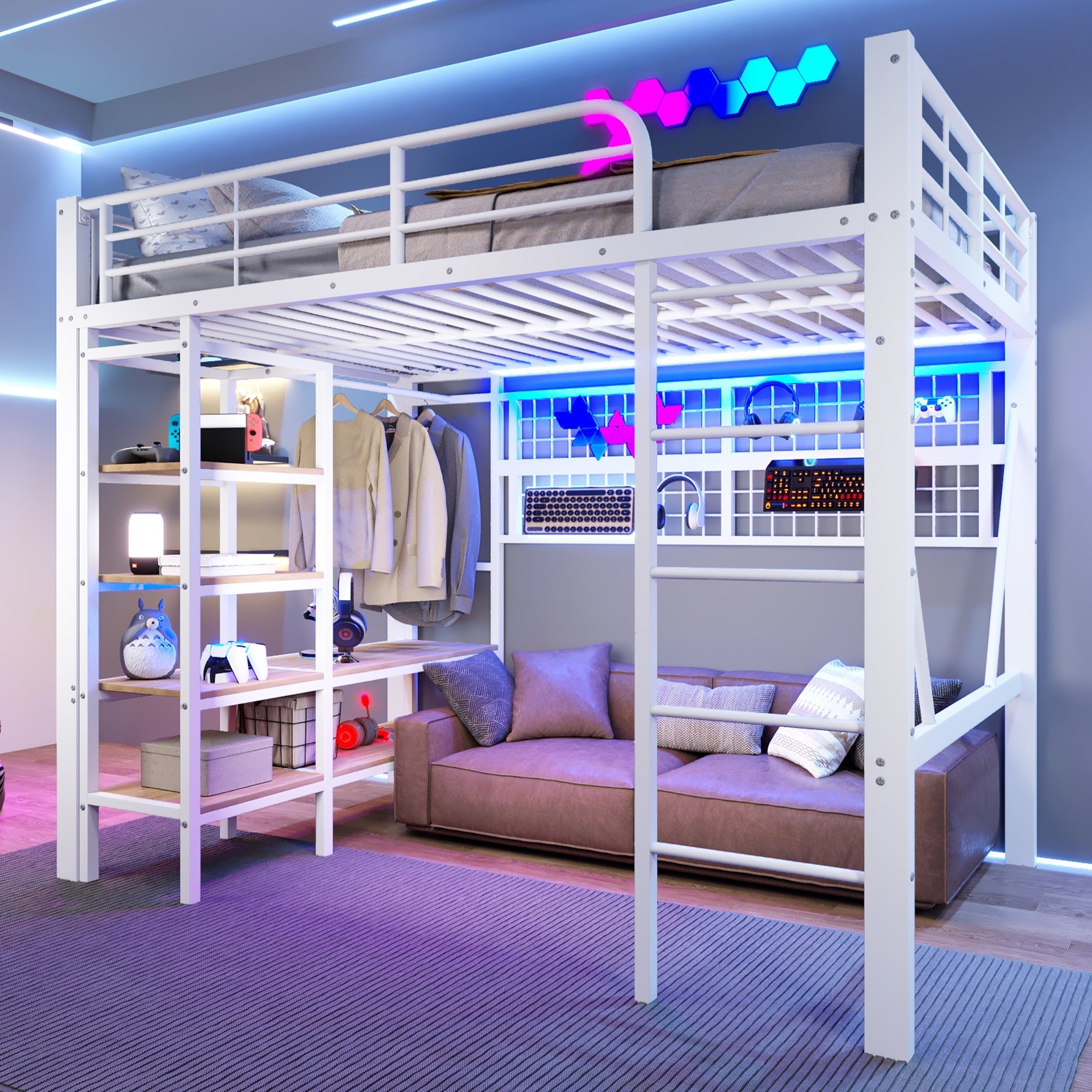 Loft Bed with Storage, LED Light and Clothes Rail, 140 x 200 cm, White Iron Frame