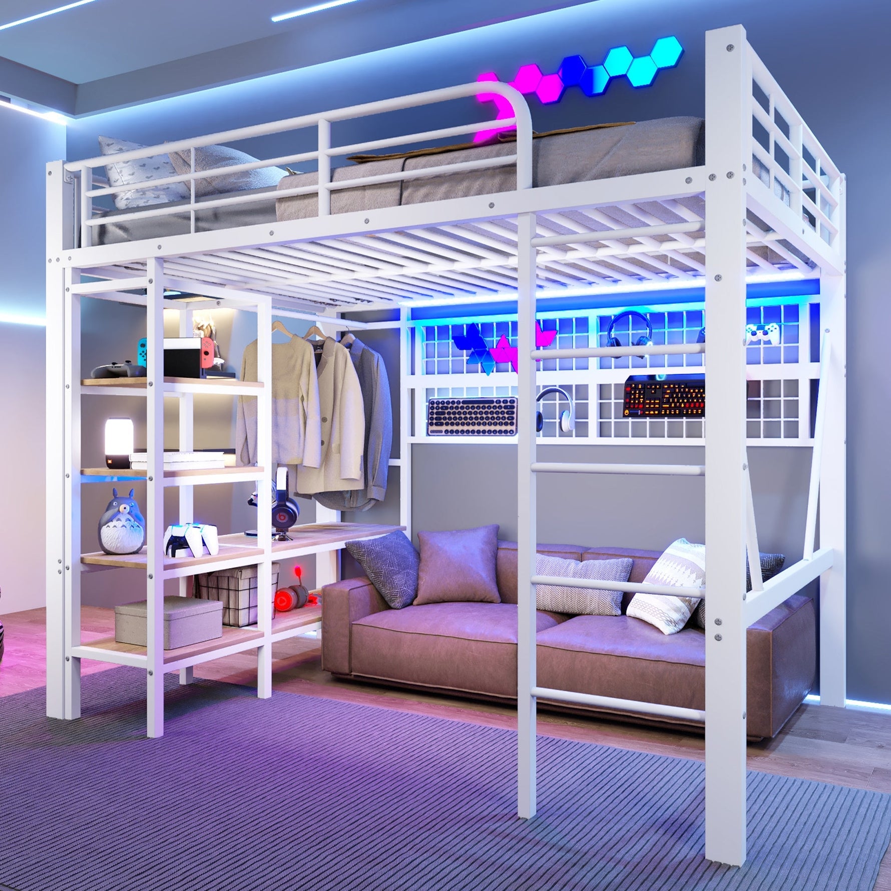 Loft Bed with Storage, LED Light and Clothes Rail, 140 x 200 cm, White Iron Frame