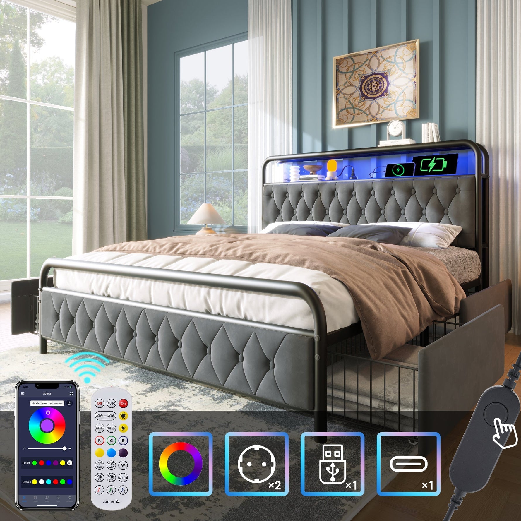 Upholstered Double Bed, USB-C Charging, APP-Control LED, 140x200, 4 Drawers, Velvet