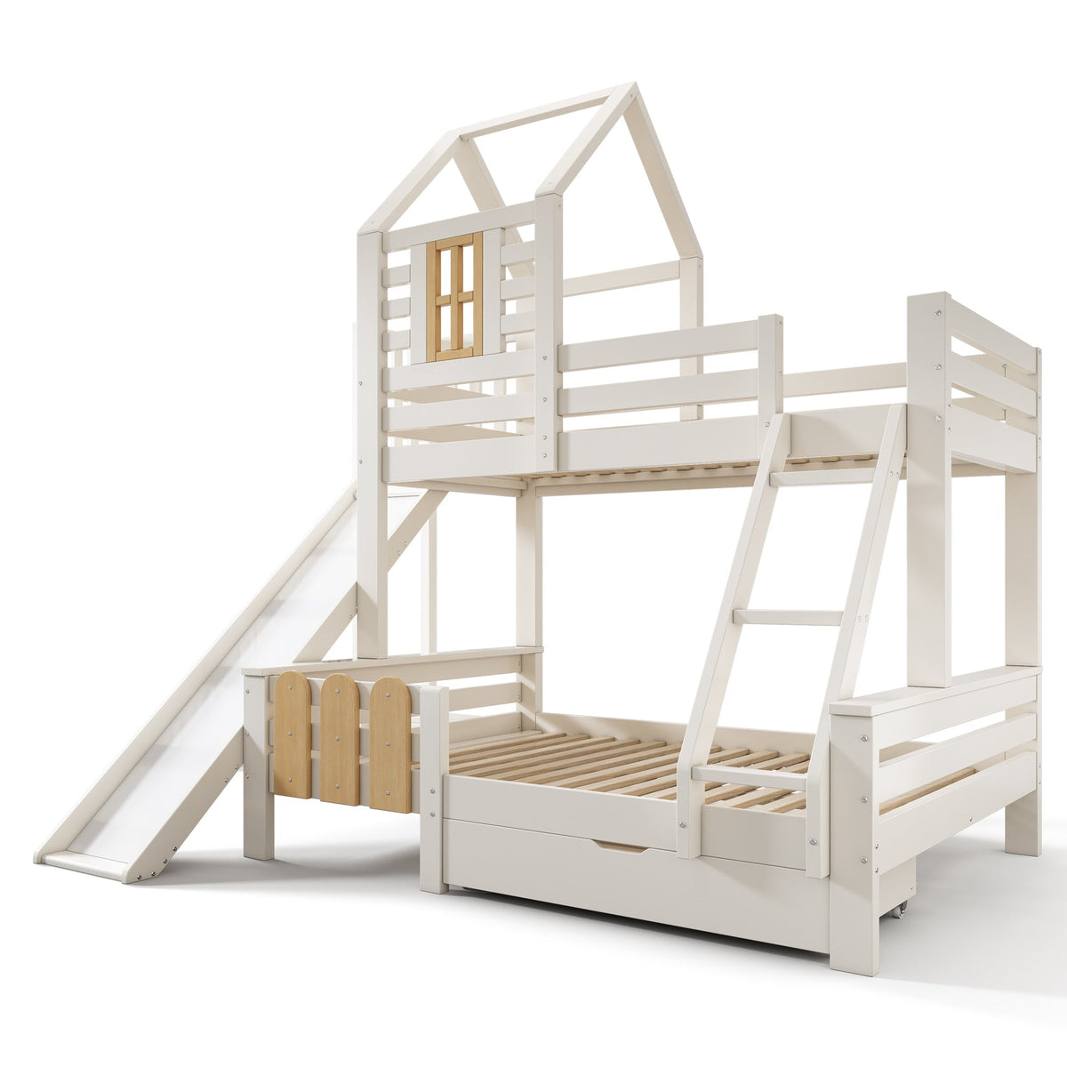 Bunk Bed, 90x200 & 140x200cm, House Loft with Drawer & Slide, Log Cabin Design