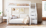 Loft Bed 140x200cm with Safety Storage Ladder and Railing, White Solid Pine Wood