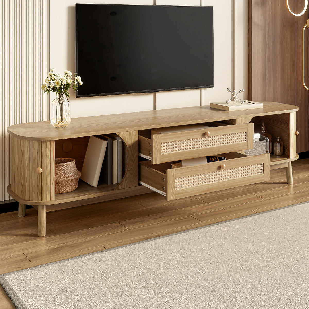 TV Cabinet with Doors, Drawers & Rattan Sides - Natural Wood Blend