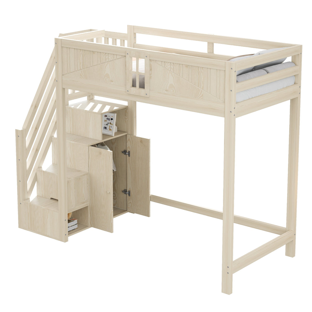 Solid Wood Loft Bed 90 x 200 cm with Safety Door and Storage Ladder, Wood Color