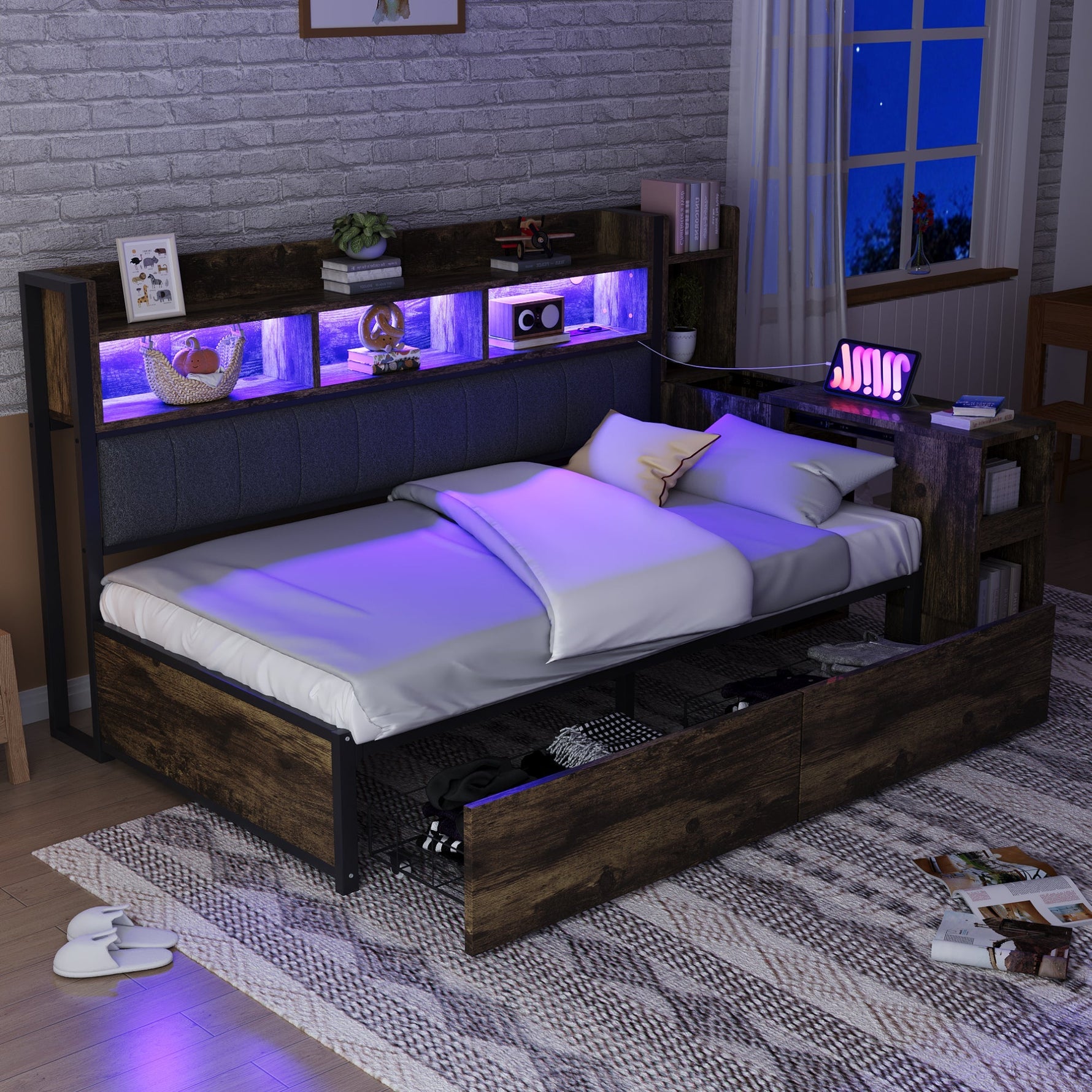 Iron Sofa Bed 90x200cm, Storage, Desk, LED/Sockets - Wood Color