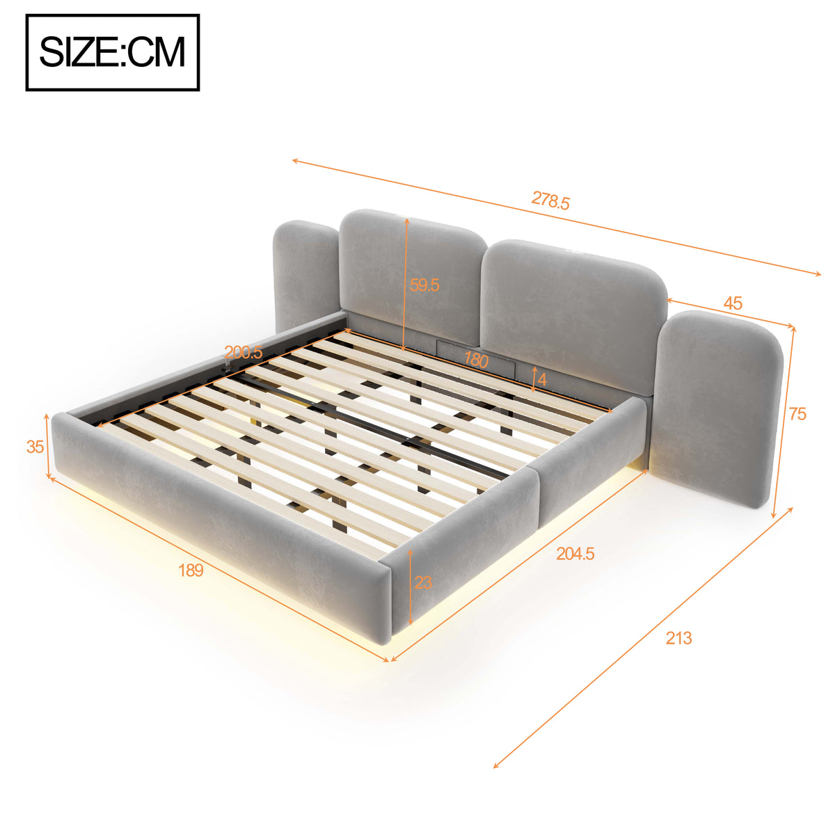 Upholstered Bed 180x200cm with Storage & LED, Grey Velvet