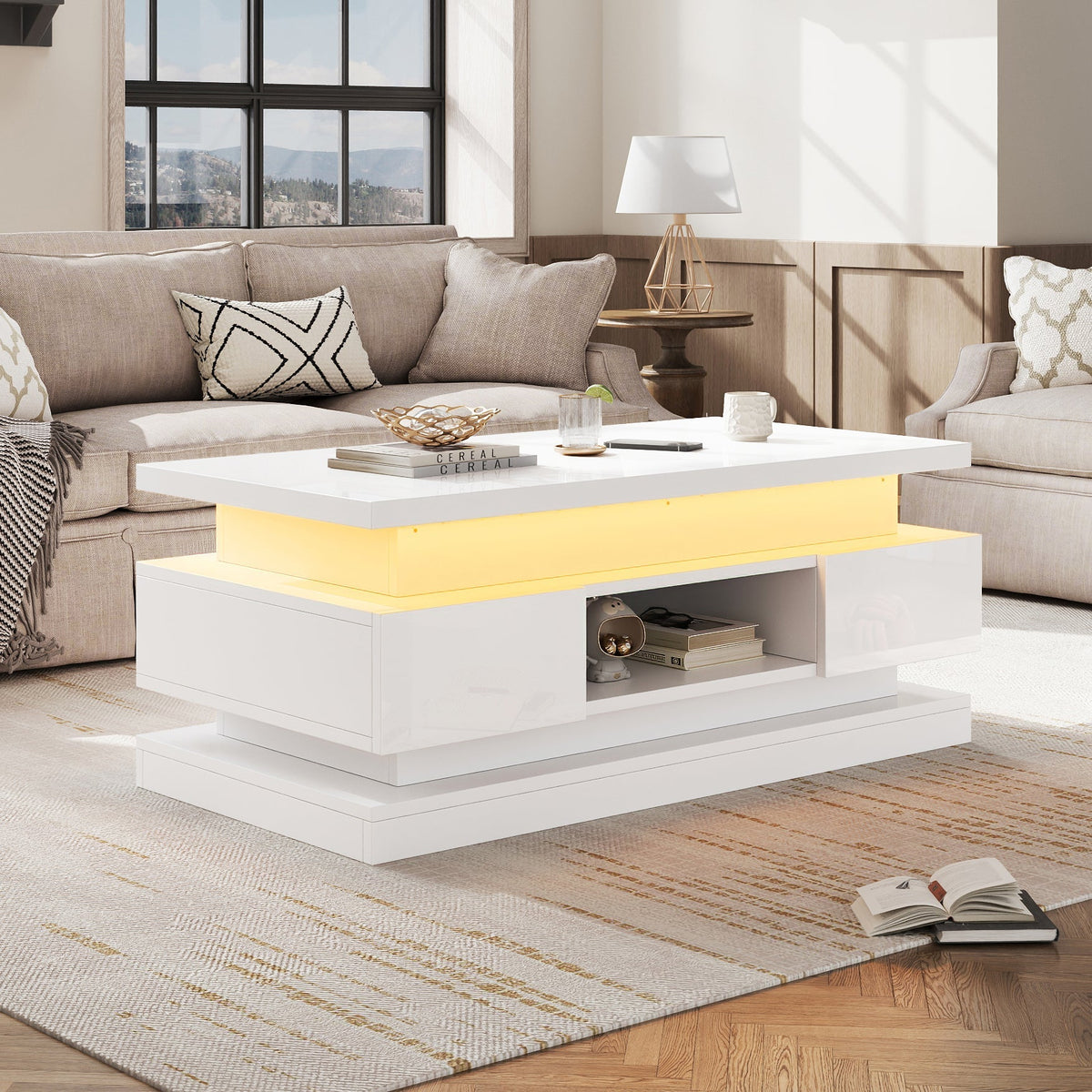 Liftable Coffee Table with 2 Drawers and LED Lighting, White Chipboard