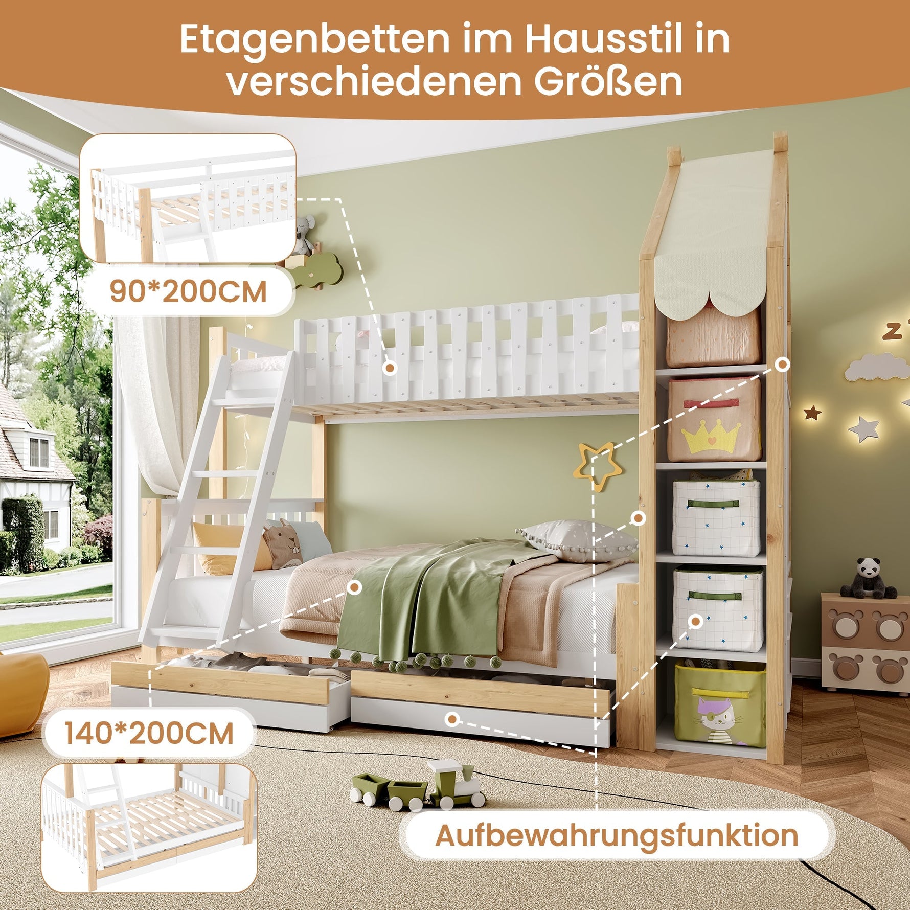 Bunk Bed 90x200cm/140x200cm, House Rail, Ladder, 2 Drawers, White + Natural Wood