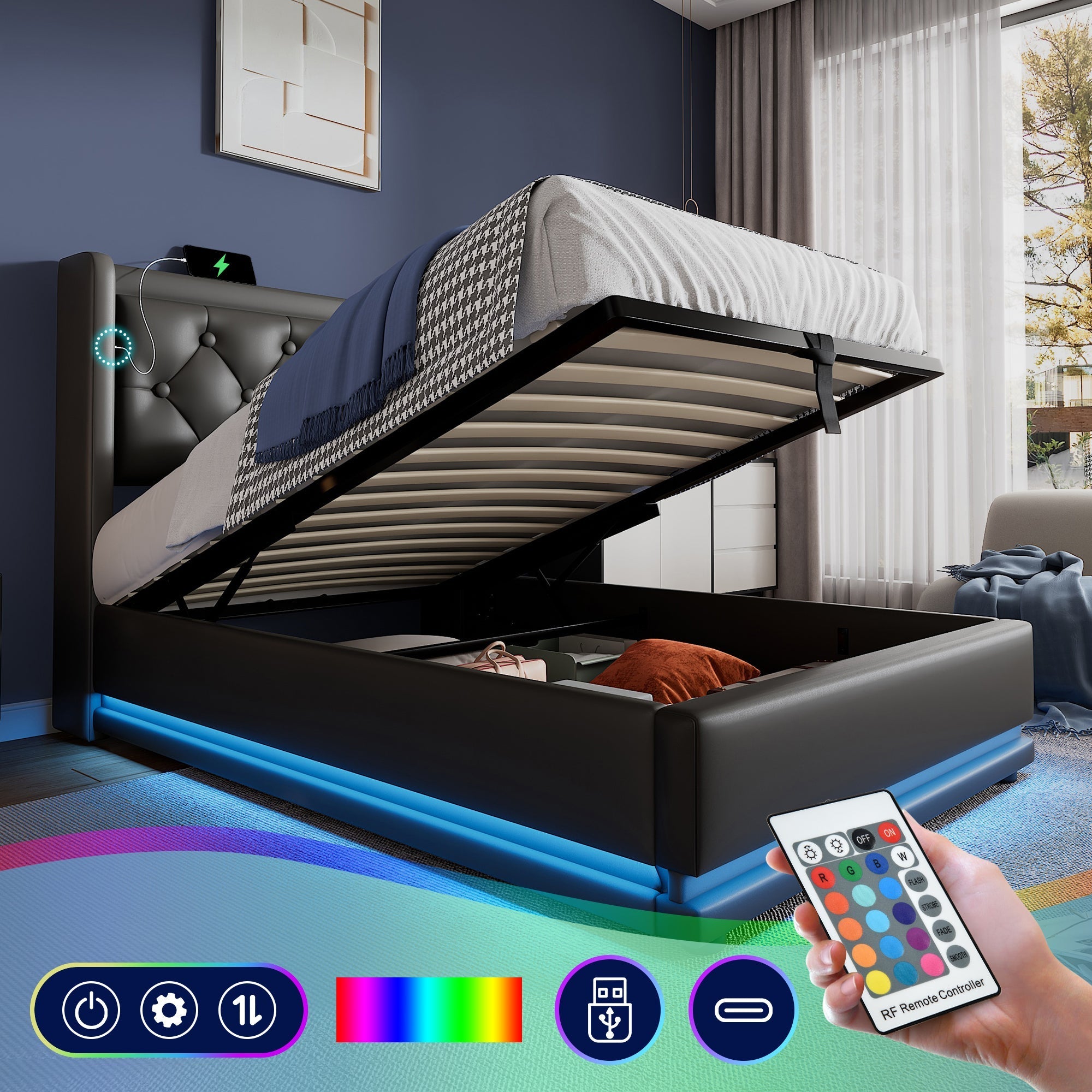 Upholstered Bed, 90x200cm Hydraulic Storage with USB, LED, Black PU