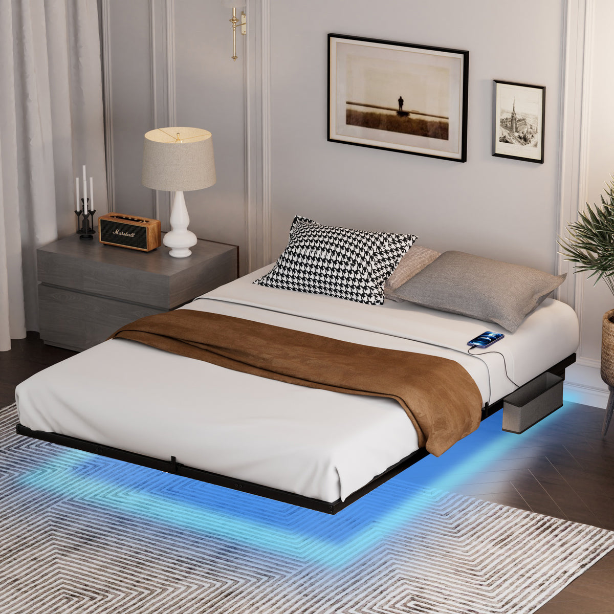 Floating Metal Bed with LED Lighting, 160x200 cm, Black