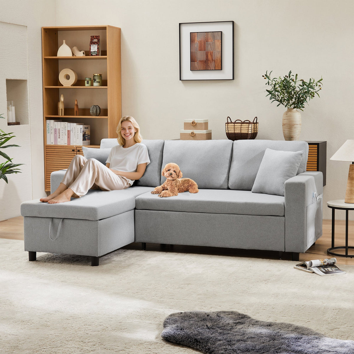 Sleeper Sofa L-Shaped Chaise Longue Reversible Storage with Pocket