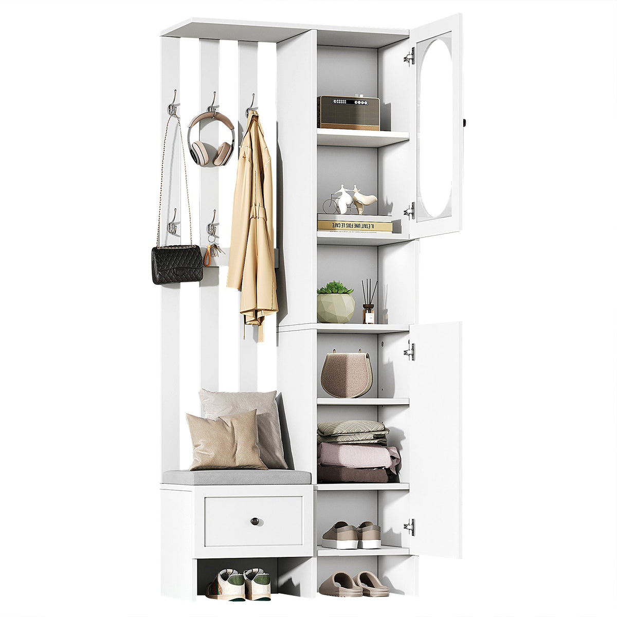 Compact Wardrobe Set with 2 Cabinets, Tempered Glass, Shoe Bench & Cushion, White