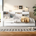 Daybed Sofa Bed with Storage Headboard and Extendable Trundle, 140x200cm, White