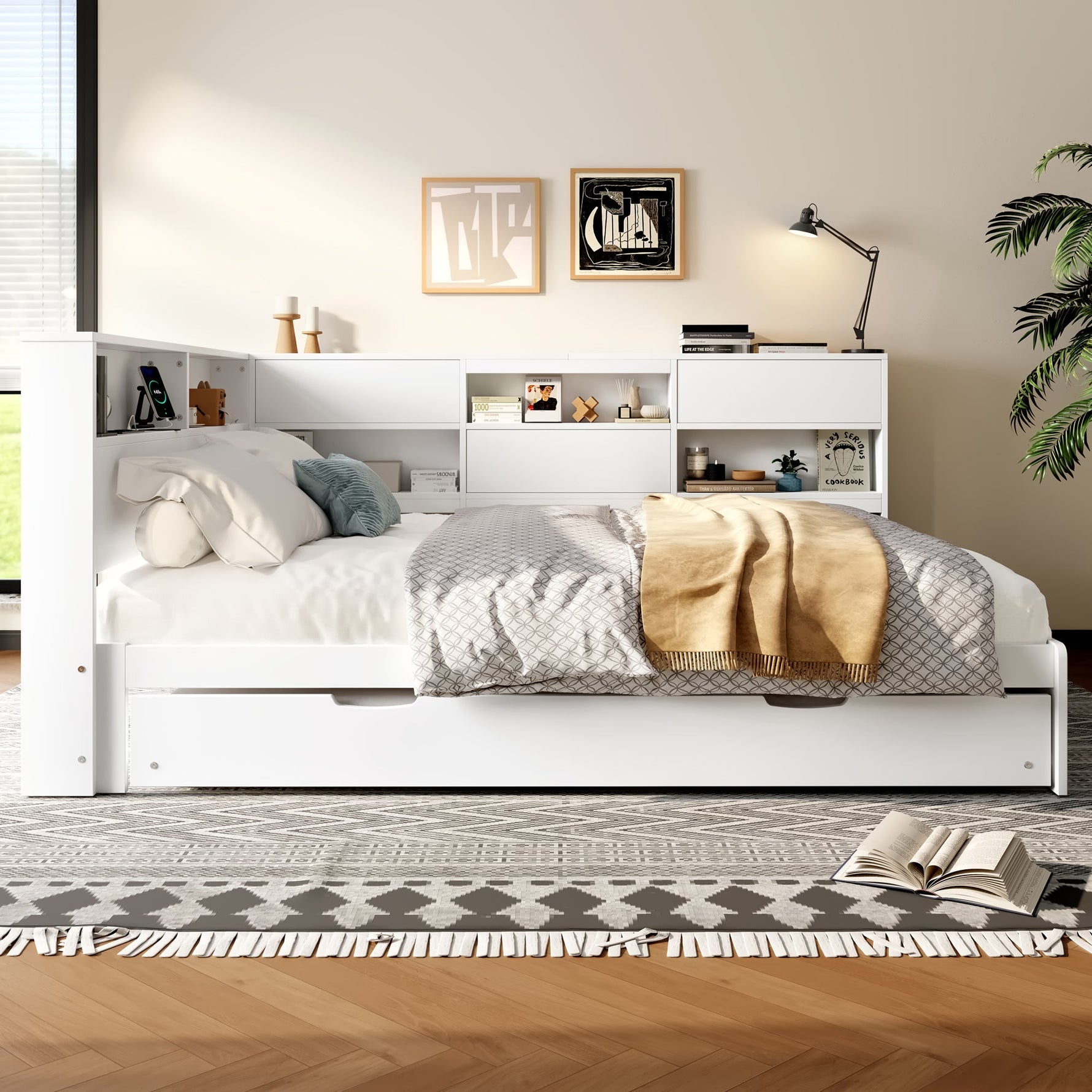 Daybed Sofa Bed with Storage Headboard and Extendable Trundle, 140x200cm, White
