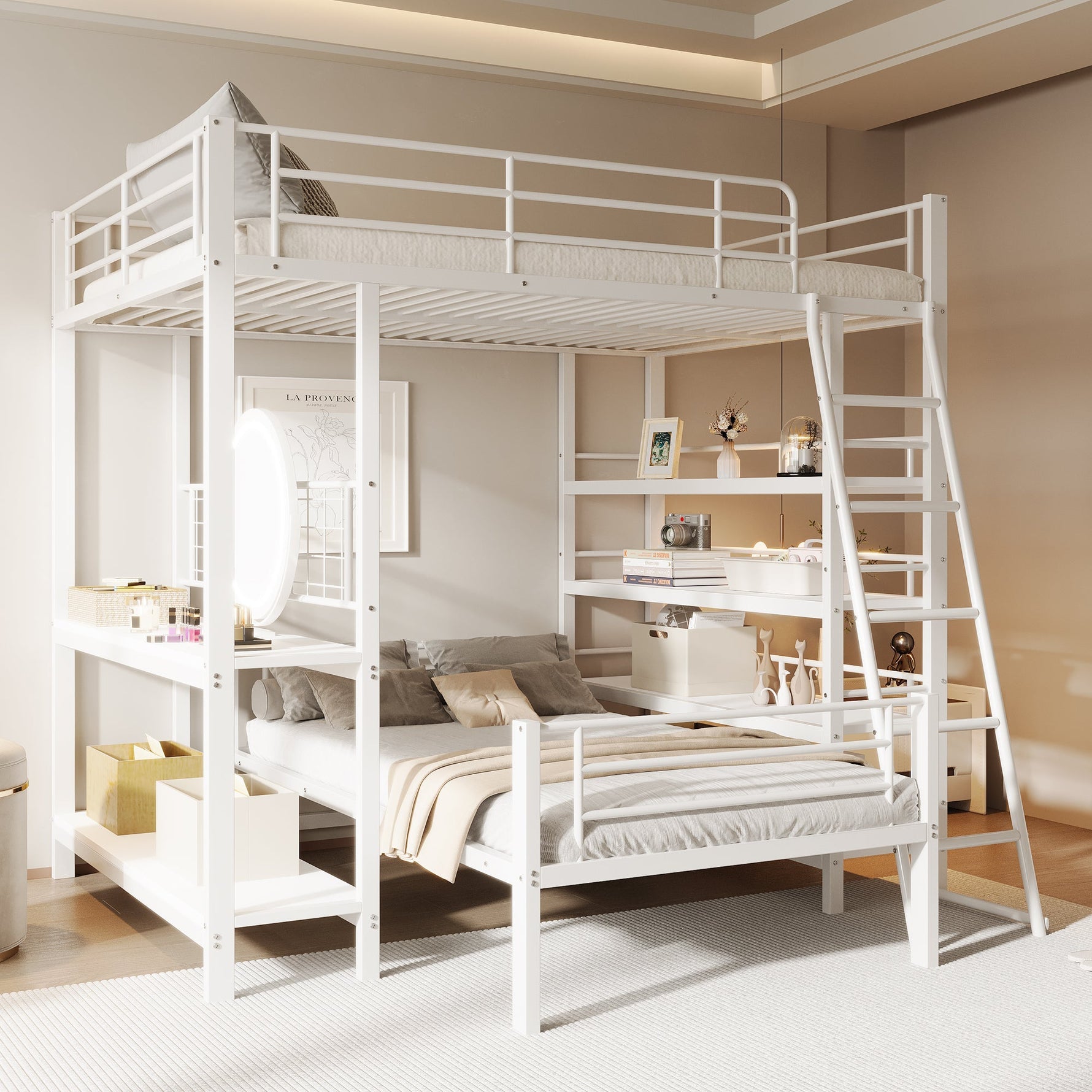 Bunk Bed, Loft 140x200 Multifunctional with Storage, White Metal