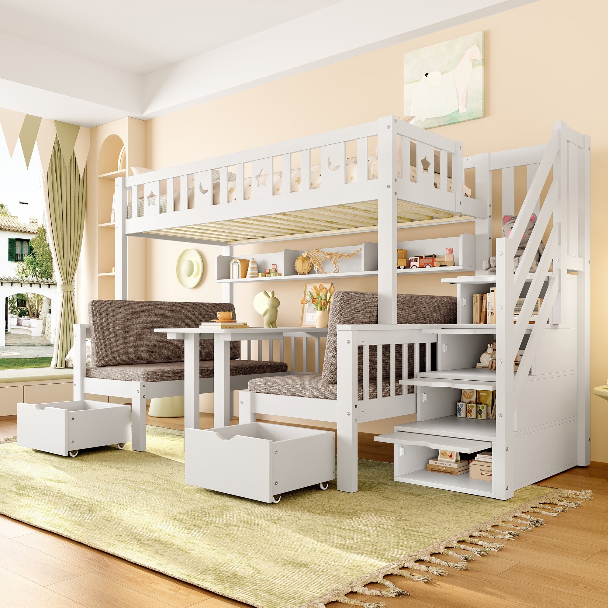 Multifunctional Loft Bed, 90x200cm 2-in-1 Bed & Desk Storage Ladder, White