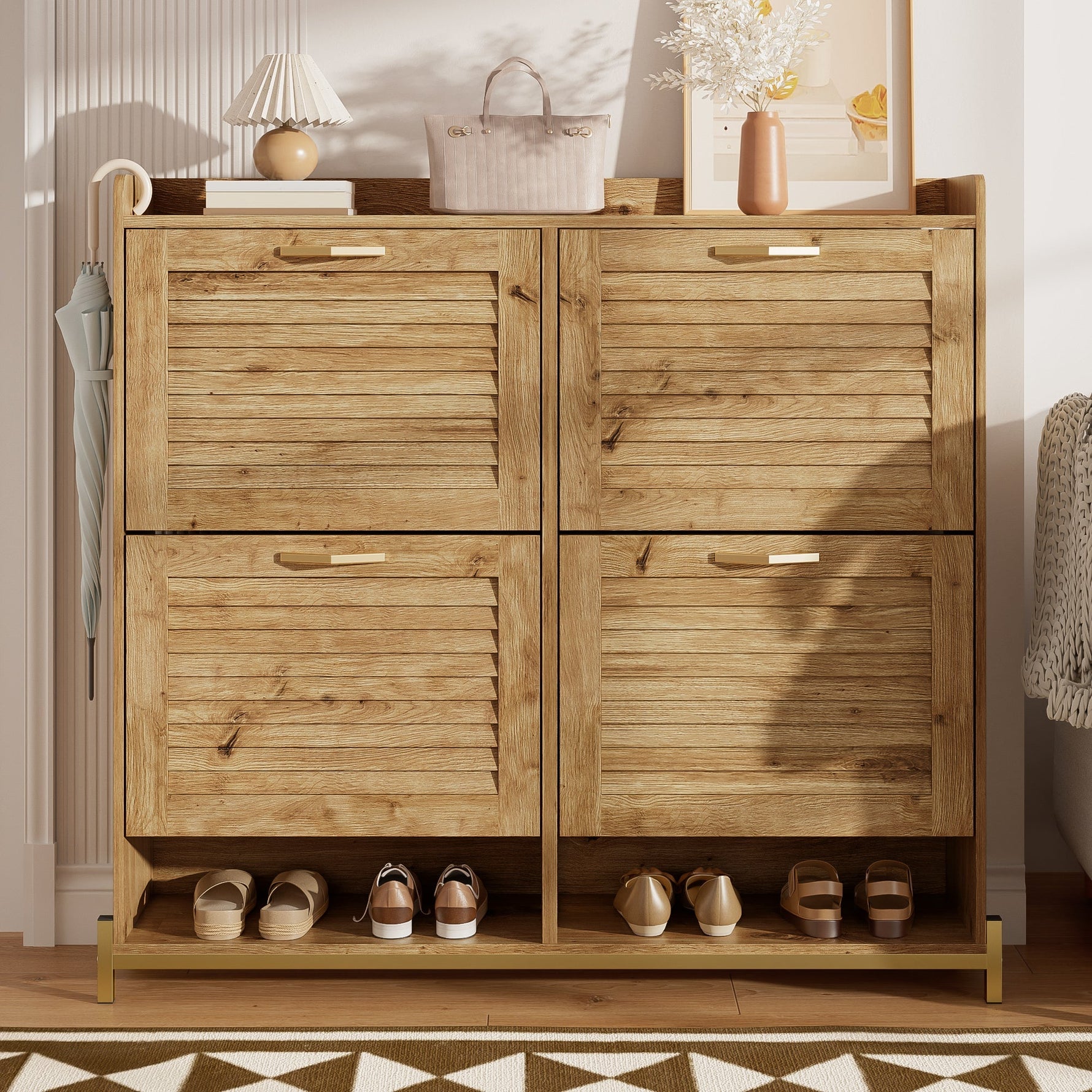 Shoe Cabinet Modern 4 Door Wooden Slat Metal Frame - 108.5x24x100cm