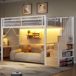 Loft Bed 90x200cm with LED & Storage Staircase - White Iron Frame