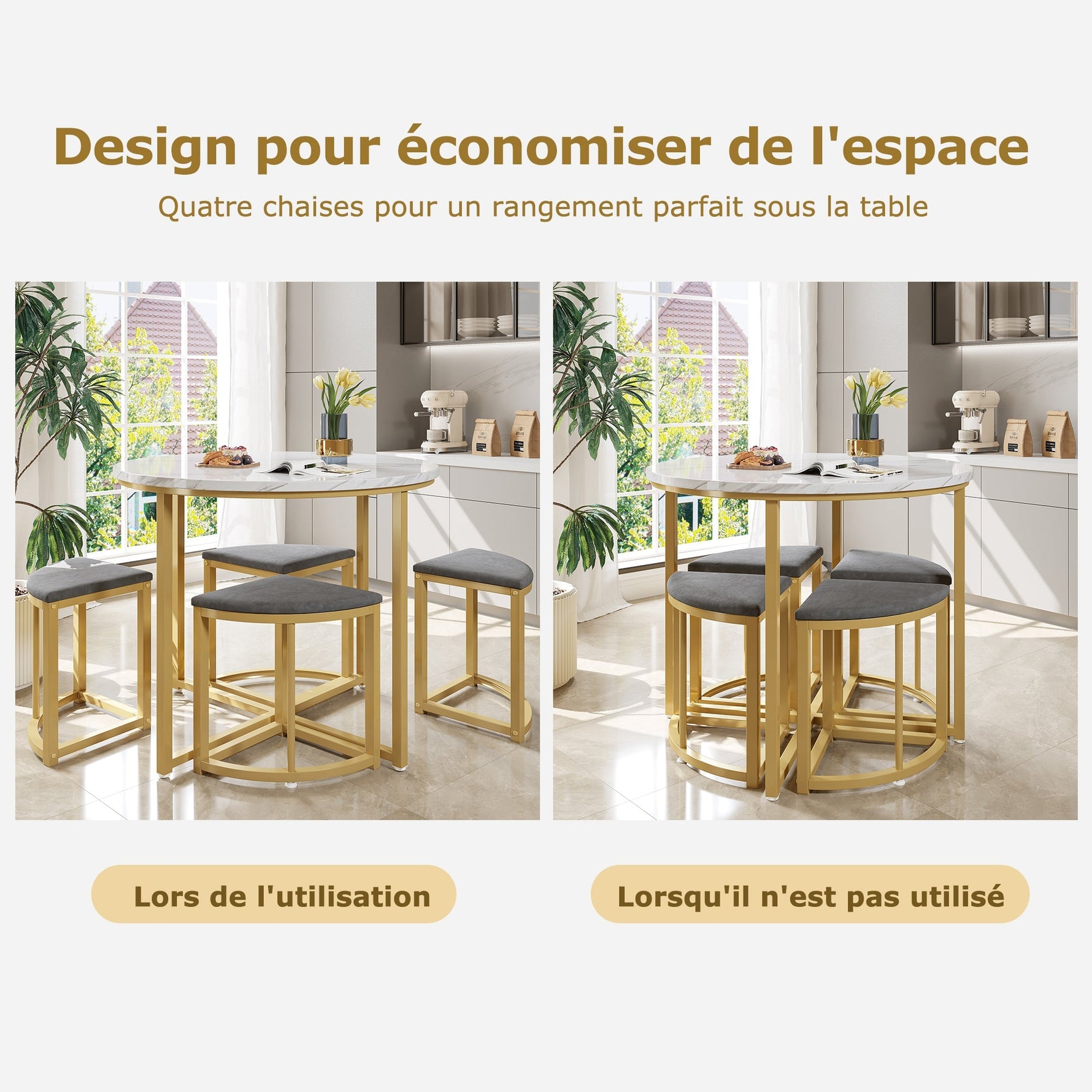 Dining Table Set 5-Piece Modern Luxury Gilded Iron Frame Grey Velvet