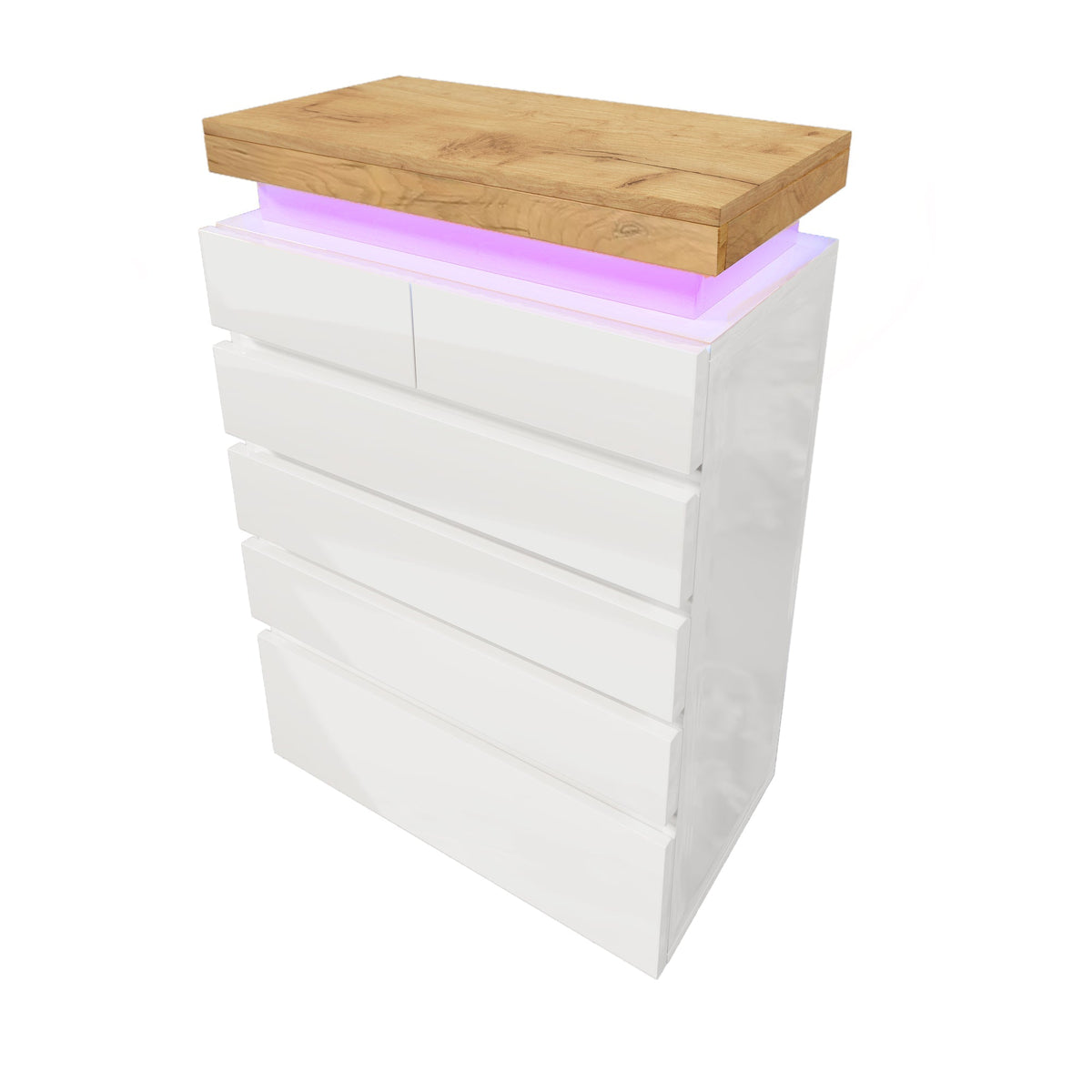 Chest of Drawers, 6-Drawer LED High-Gloss Sideboard, White