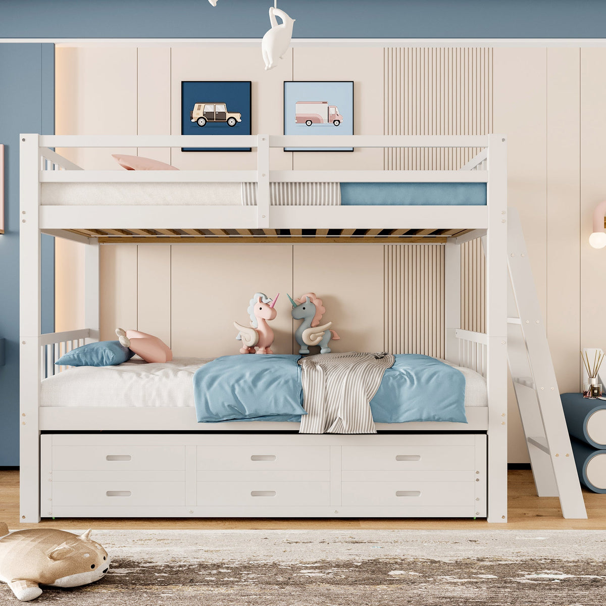 Bunk Bed 90x200cm House Bed Pull-out Bed 3 Drawers - White