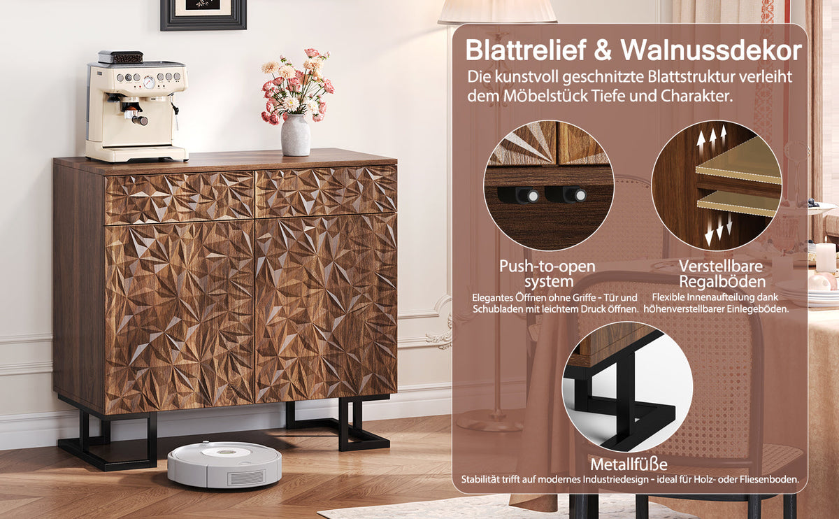 Sideboard/Chest of Drawers, 80×40×78cm, 2 Doors & 2 Drawers, Leaf Relief, Dark Walnut Look