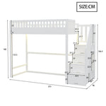 Loft Bed with LED Light Strip and Interchangeable Safety Ladders, 90x200cm, White Solid Pine Wood