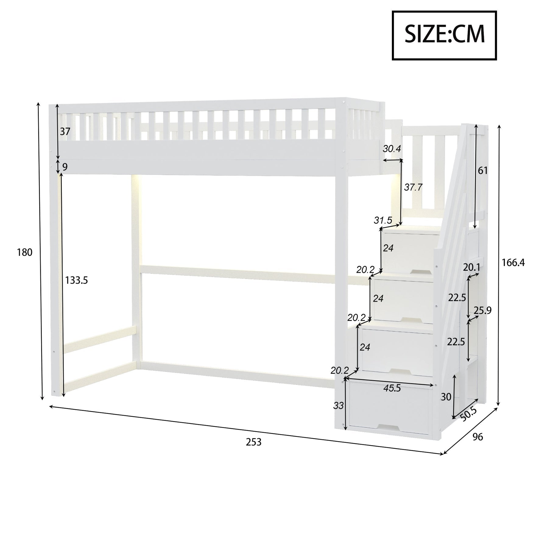 Loft Bed with LED Light Strip and Interchangeable Safety Ladders, 90x200cm, White Solid Pine Wood