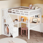 Solid Wood Bed 140x200 with Desk, Storage & LED - White