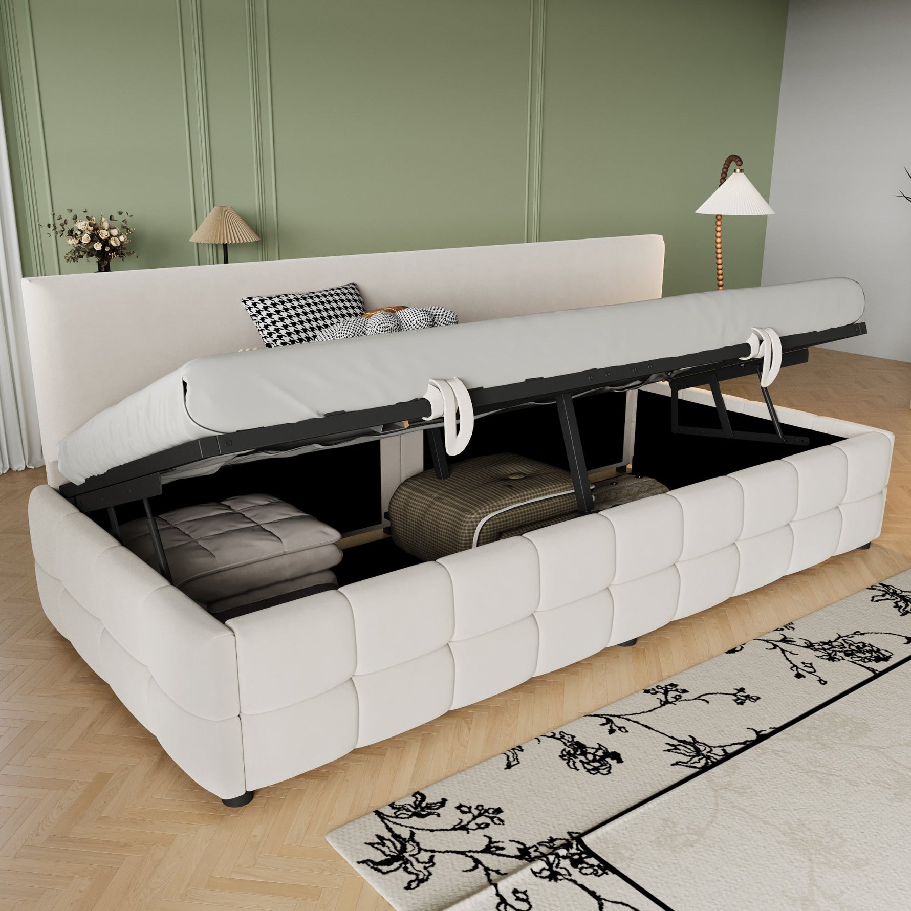 Upholstered Single Sofa Bed 90x200cm Hydraulic Storage Check Pattern - Beige Velvet