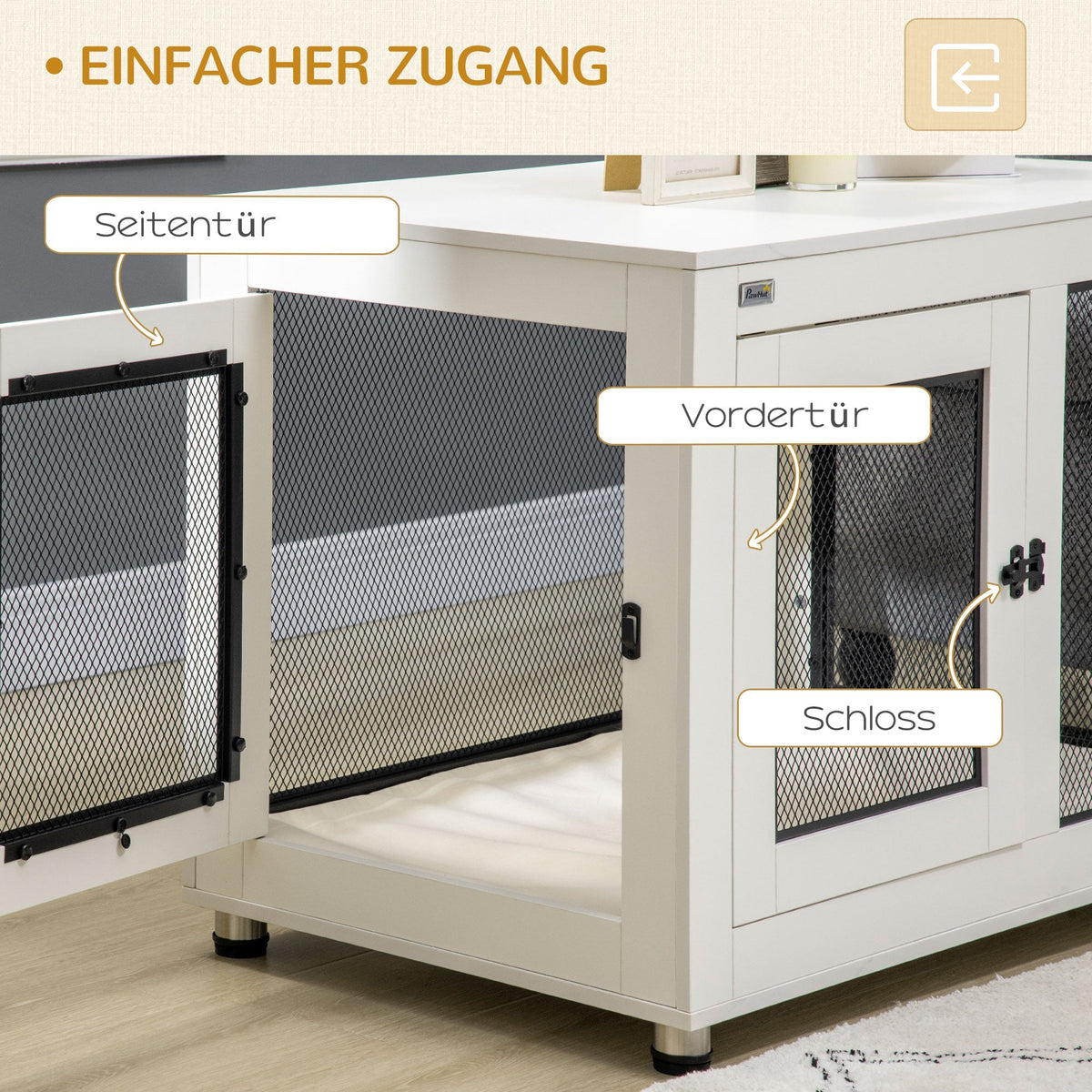 Dog Cage with Table Top, Cushion, 2 Doors, White+Black