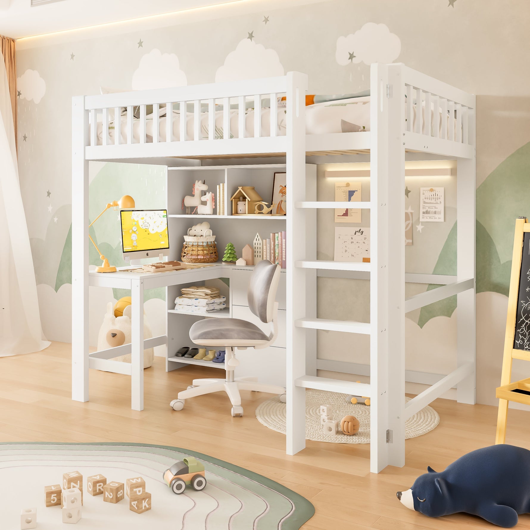 Loft Bed 90x200cm Storage Ladder Desk 3 Drawers, White