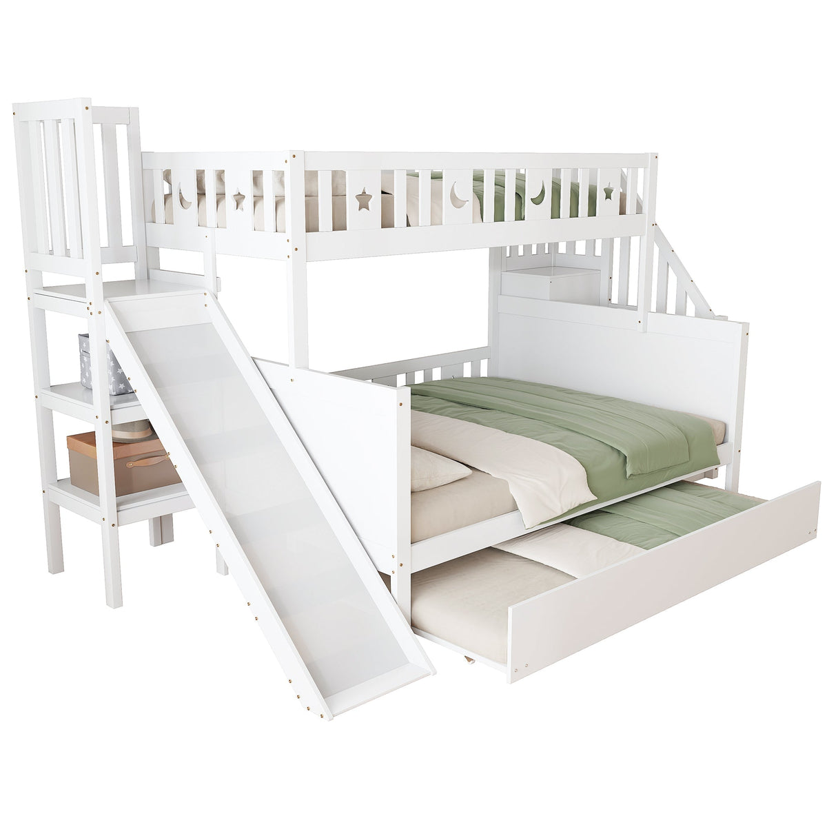 Children's Bed, Bunk with Slide, Shelf, Trundle & Slatted Frame, Solid Wood, White