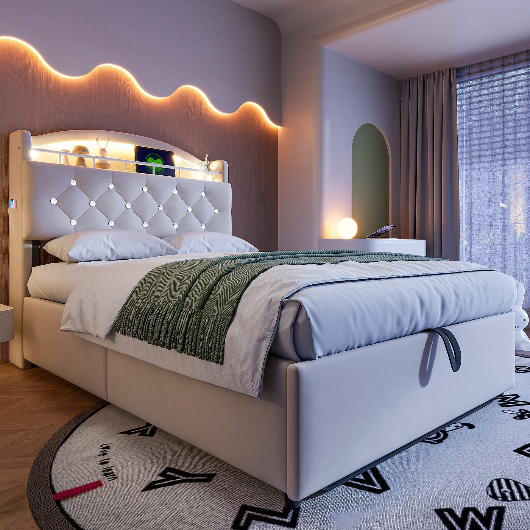 Children's Upholstered Bed 90x200, Multifunctional with Storage, LED & USB, Velvet Beige