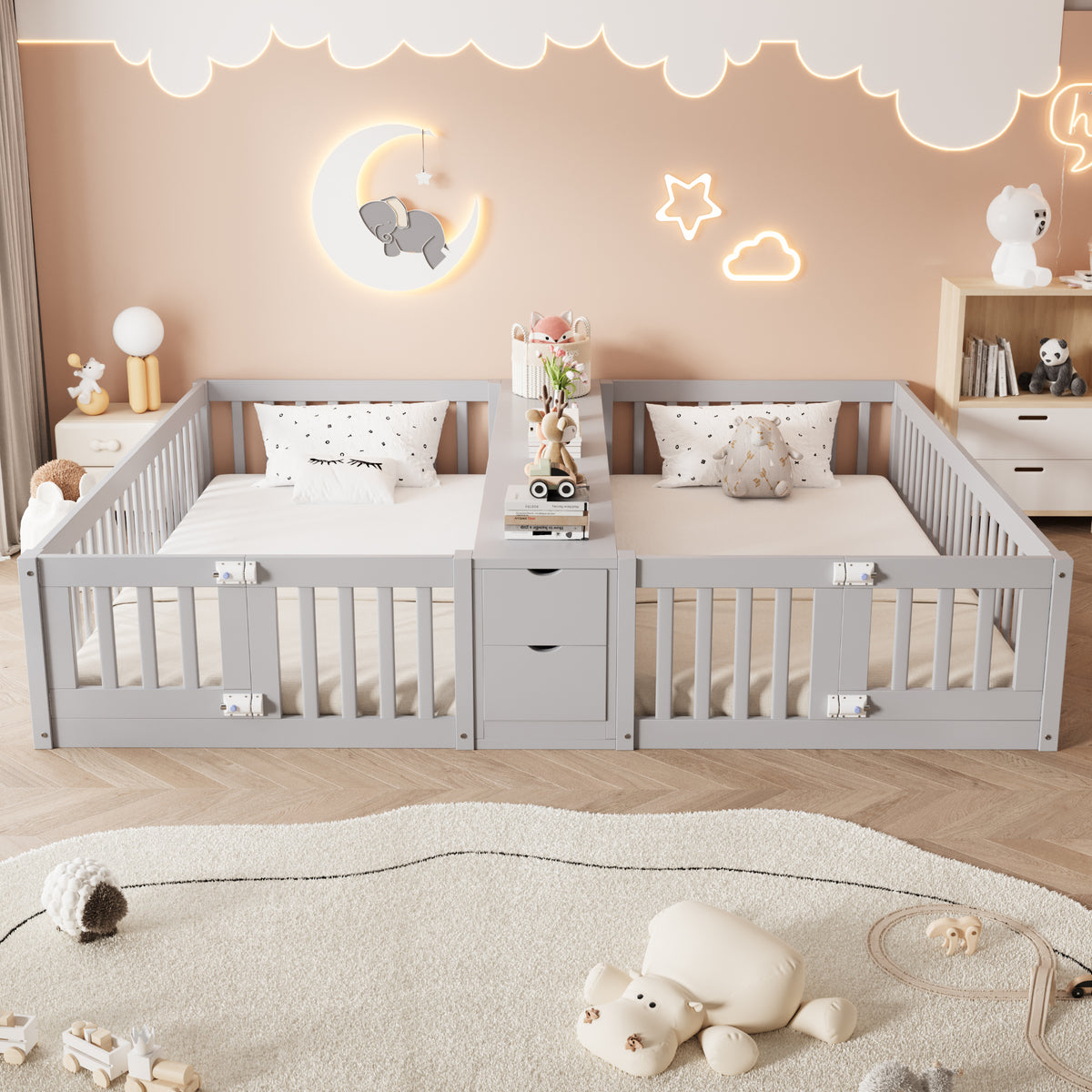 Kids Wooden Bed 90x200cm with Drawer & Safety Rail, Grey