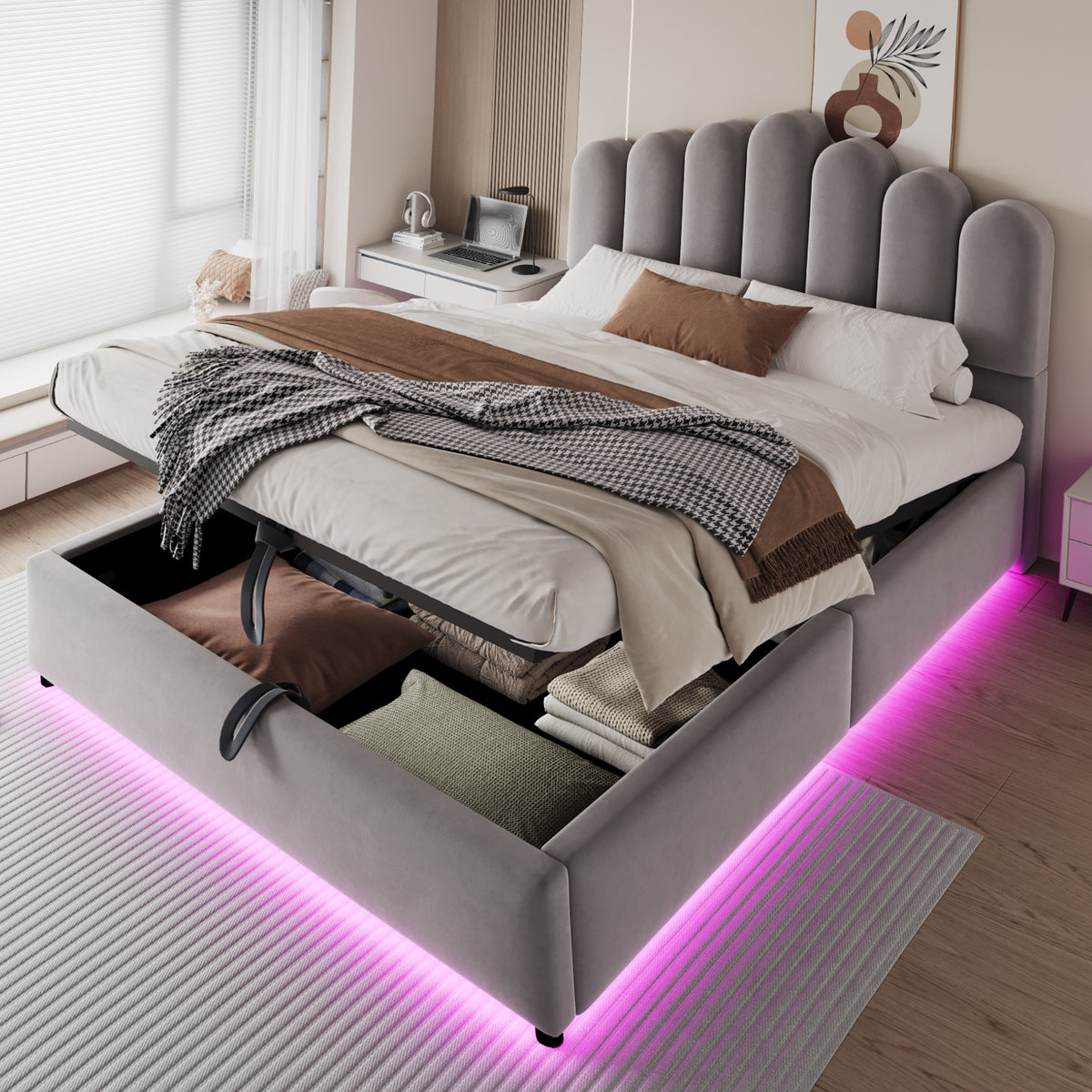Upholstered Bed 140x200cm with Storage & LED Light - Grey Velvet