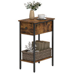 Side Table with Open Compartment and Drawer, Metal Legs, Wood, Brown
