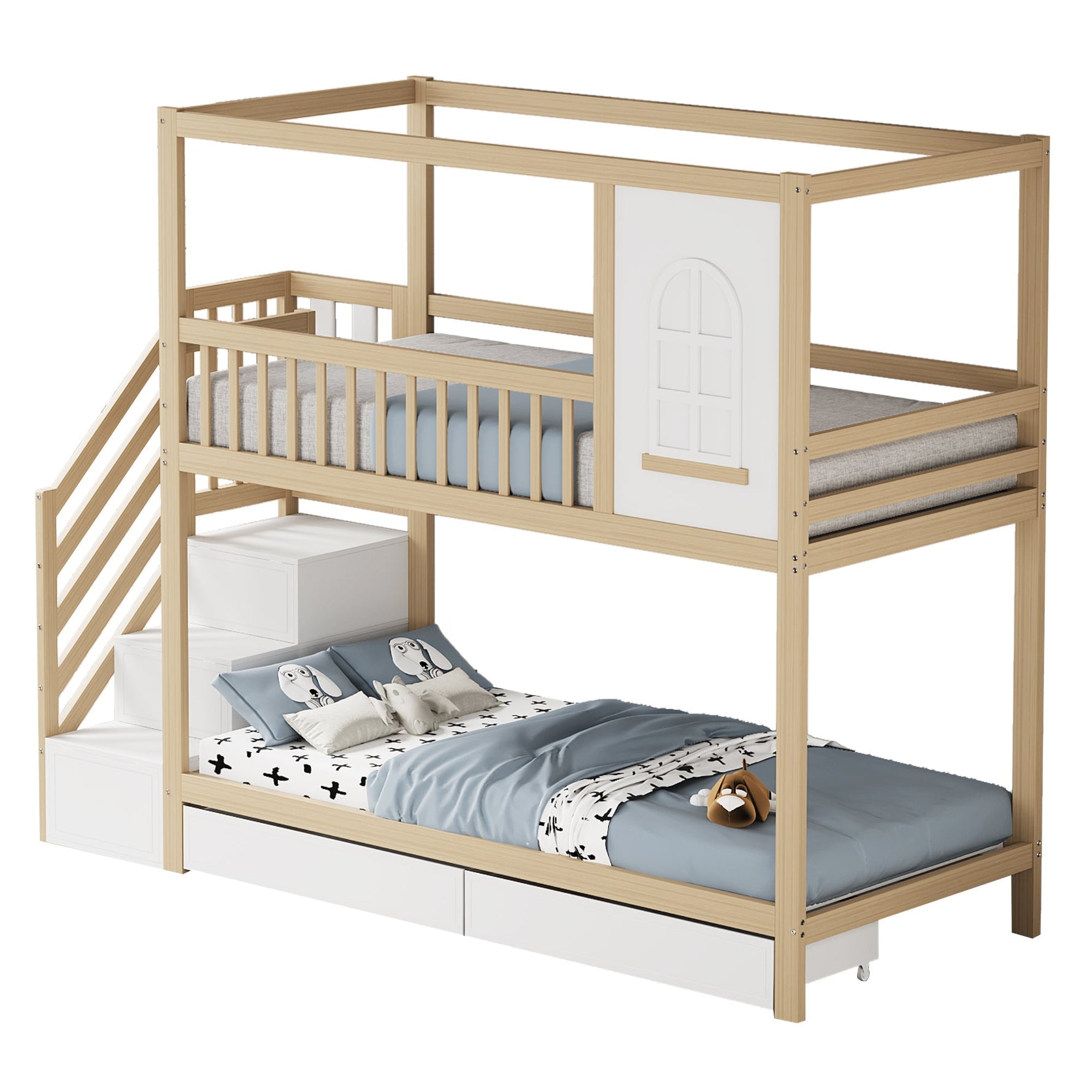 Bunk Bed, 90x200cm House Shape with Drawers & Ladder, Solid Wood, Wood Color