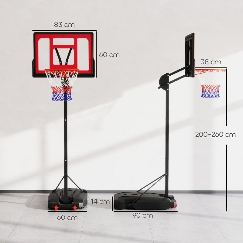 Outdoor Basketball Hoop, 200-260 cm Height-Adjustable with Wheels, Red