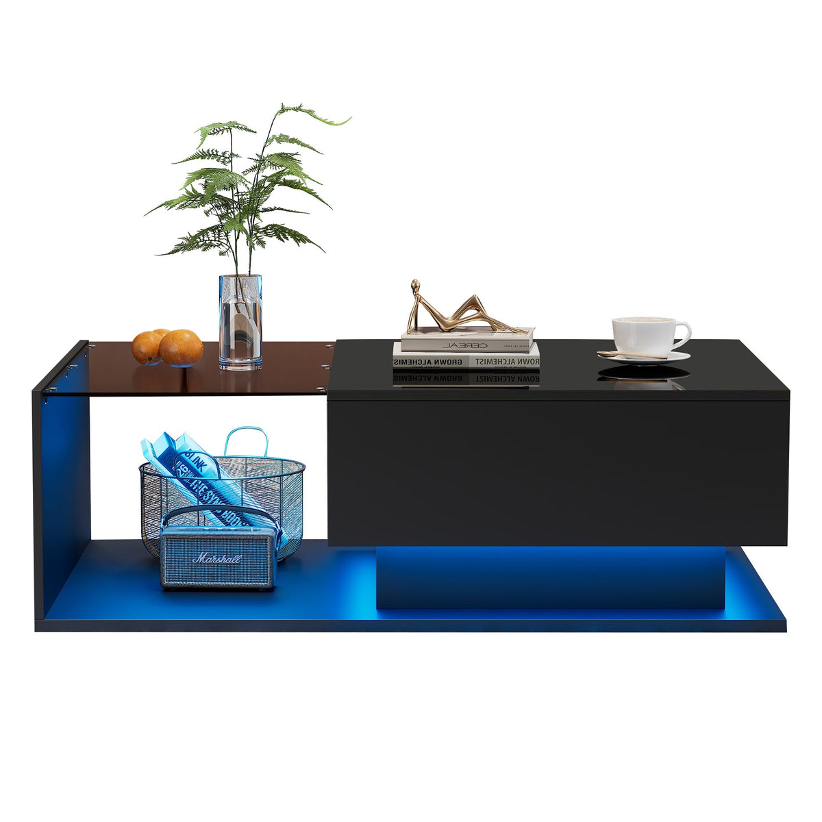 High-gloss Black Coffee Table with Glass Top & Drawers