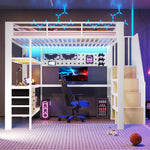 Loft Bed 140x200cm with Desk & Storage, White Metal